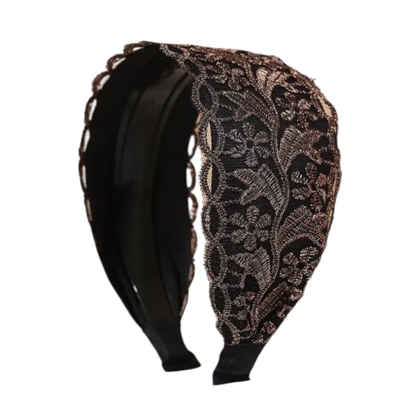 Whimsy_and_Lily Accessories - Gold Shimmering Lace Black Headband